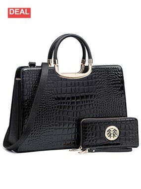 Vegan PU Croco Satchel Handbag with Matching Wallet and Shoulder Strap